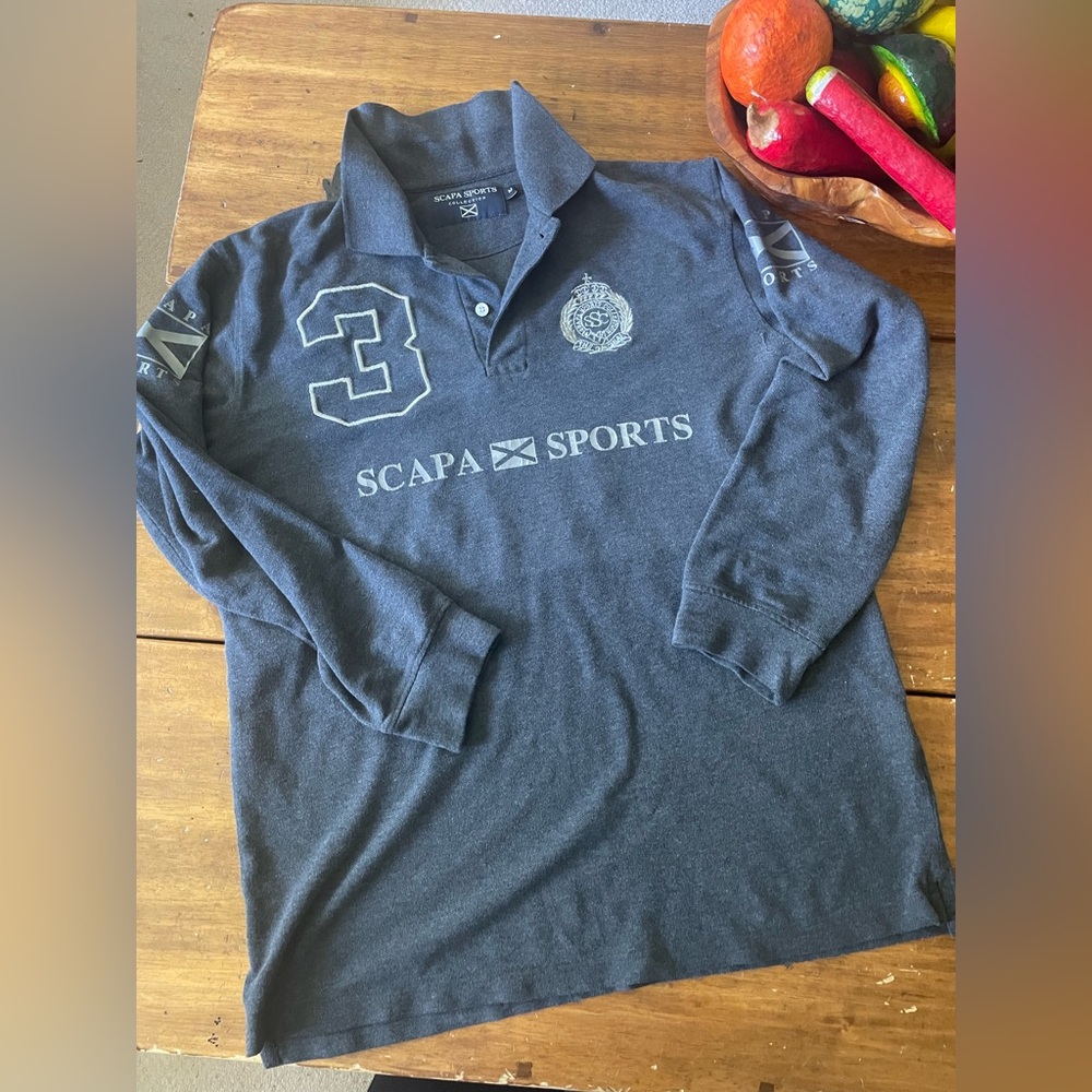 Vintage SCAPA SPORTS POLO TEAM #3 Long SLEEVE Collared SHIRT SIZE Medium M Gray - Picture 1 of 11